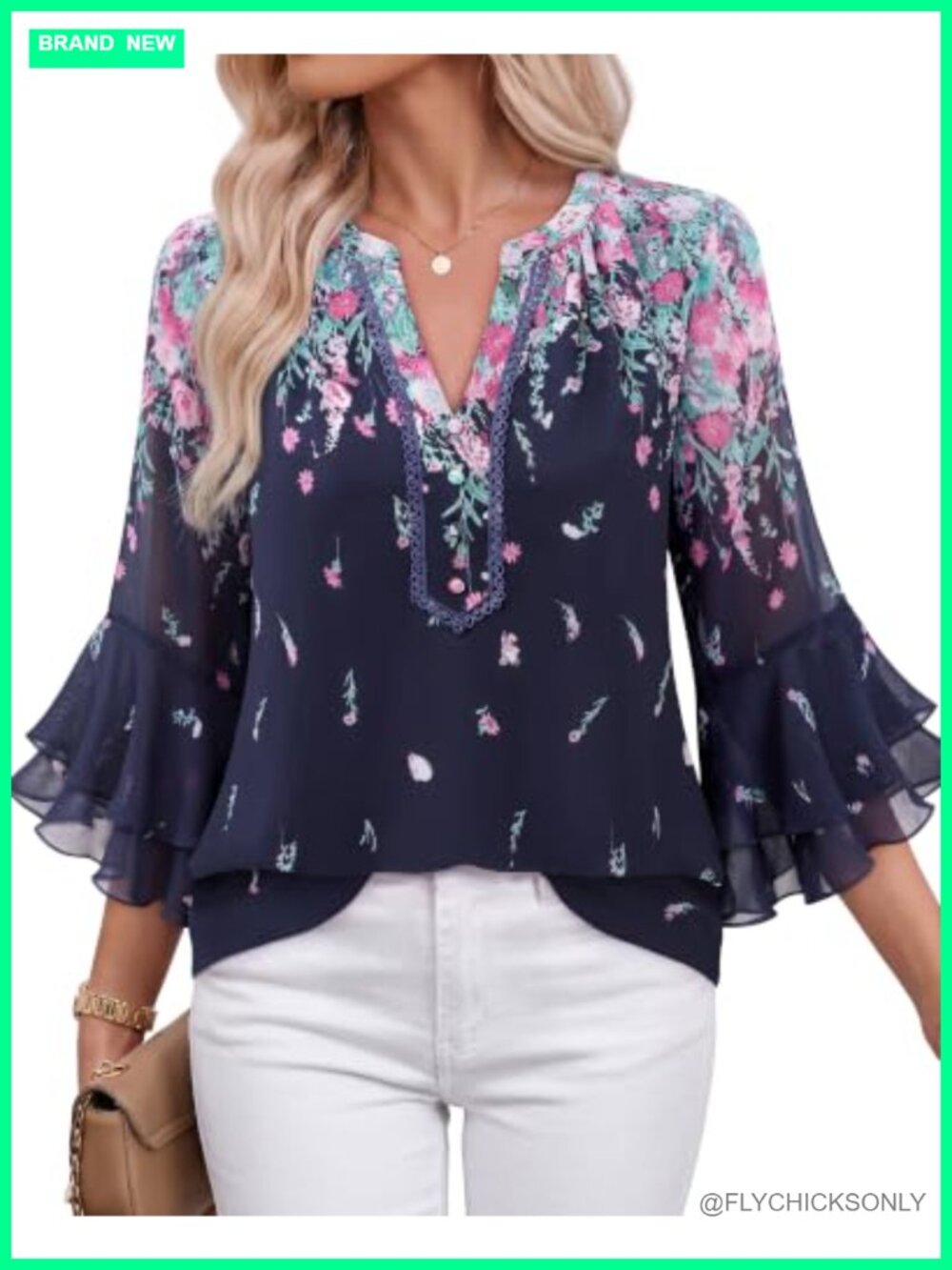 Womens Embroidered V Neck Ruffle Sleeve Layered Chiffon Blouse